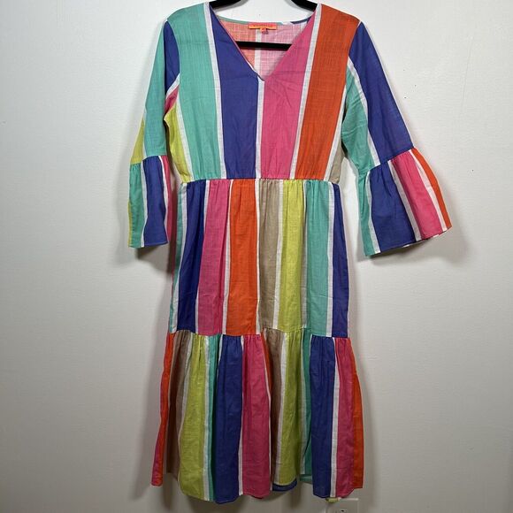 Vilagallo Tyne Dress Stripes Colorful Tiered Print Women's Size 40 US 8 - Picture 1 of 7